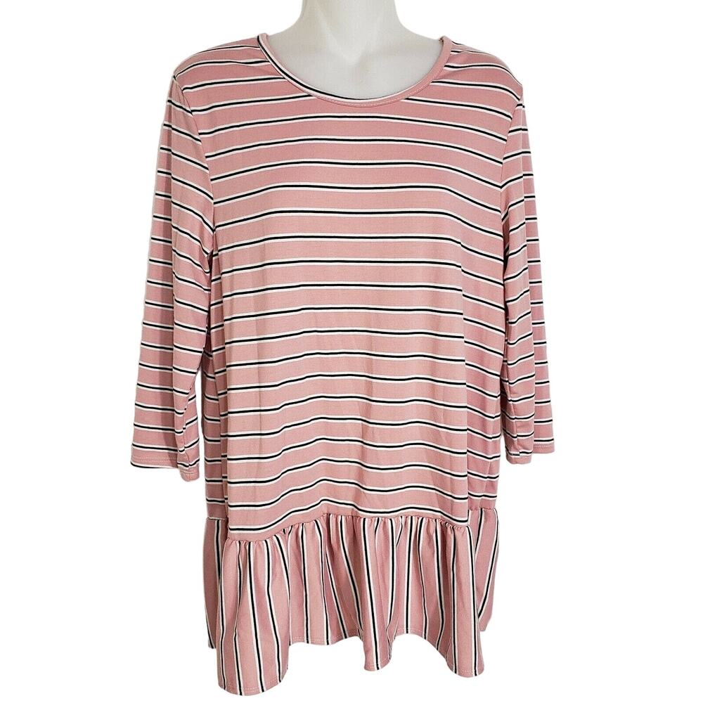 Lime N Chili Womens Top Large Tunic Peplum 3/4 Sleeve Striped Pink Stretch Crew